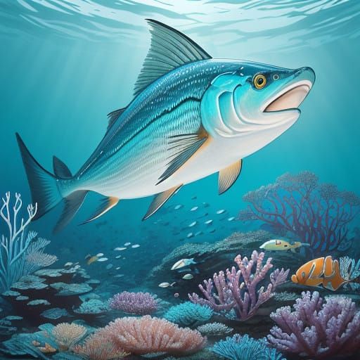 Majestic Megalops Cyprinoides Swims Through Coral Reef