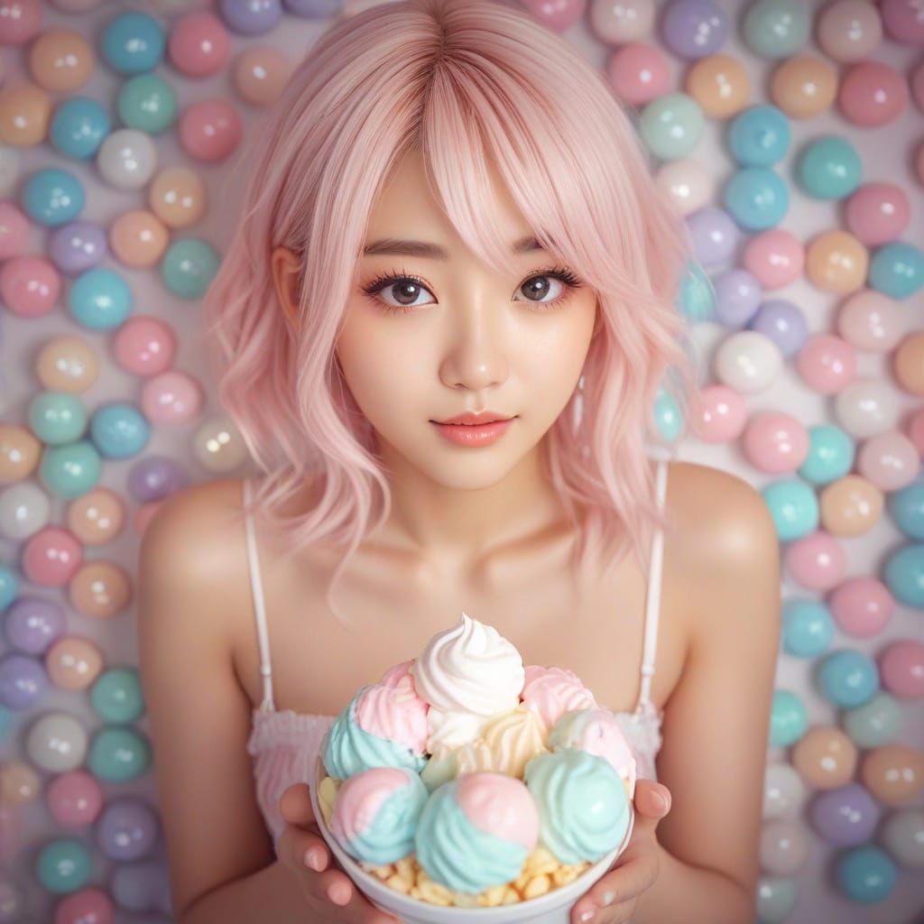 Kawaii Anime Woman Surrounded by Pastel Candy
