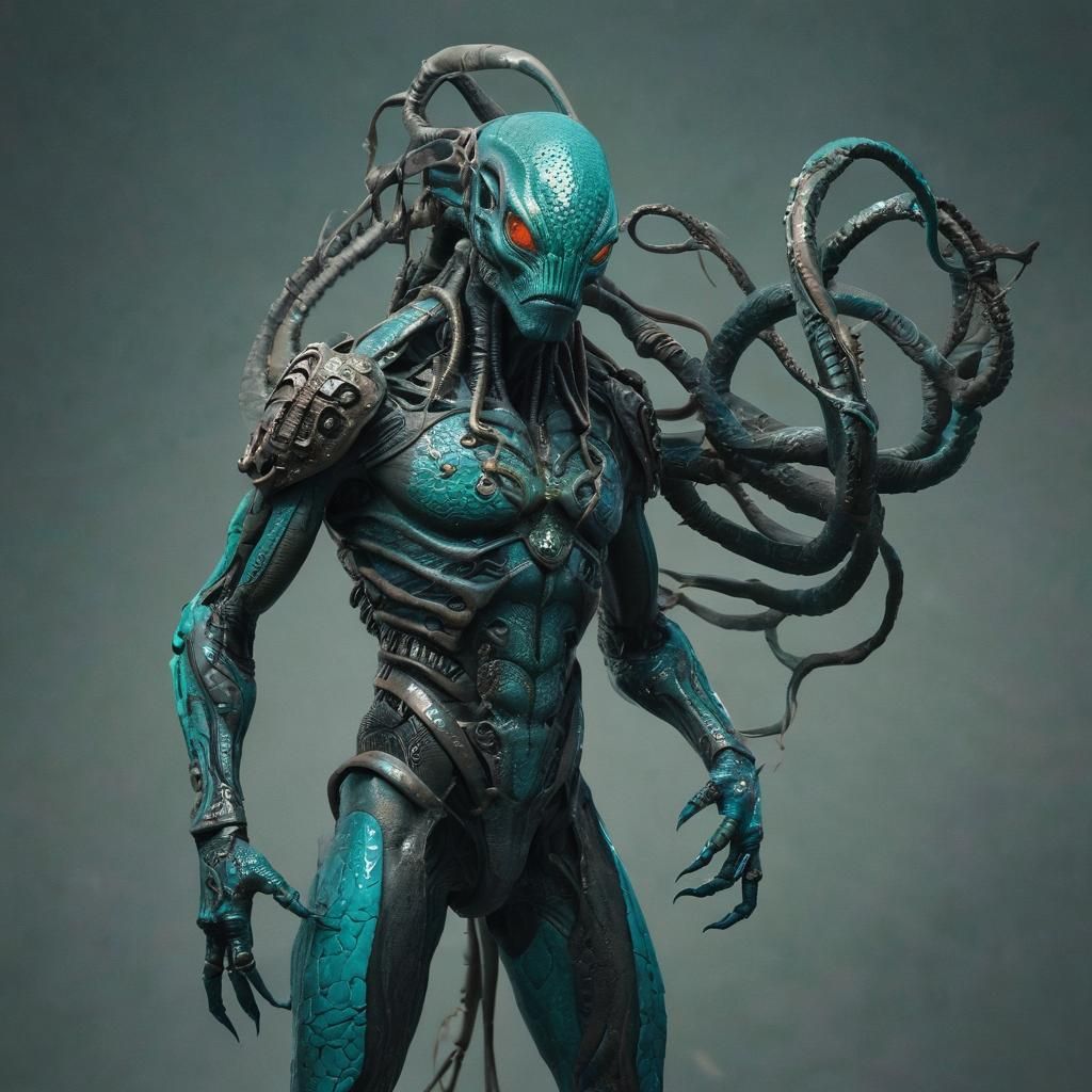 Turquoise Alien Warrior with Bioluminescent Tentacles