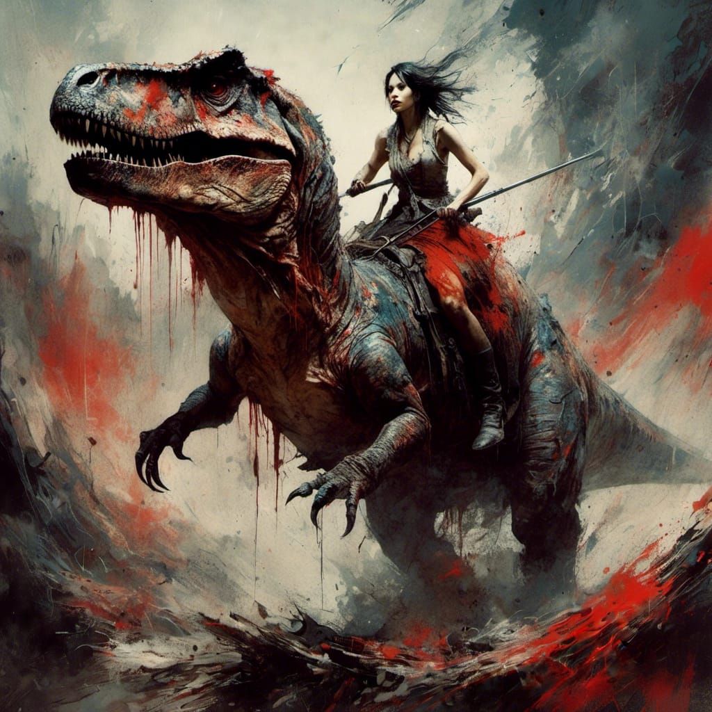 Prehistoric Girl Rides T-Rex in Gouache Style