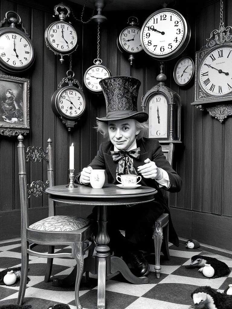 Whimsical Tim Burton-Inspired Hatter Sips Tea Amidst a Maels...