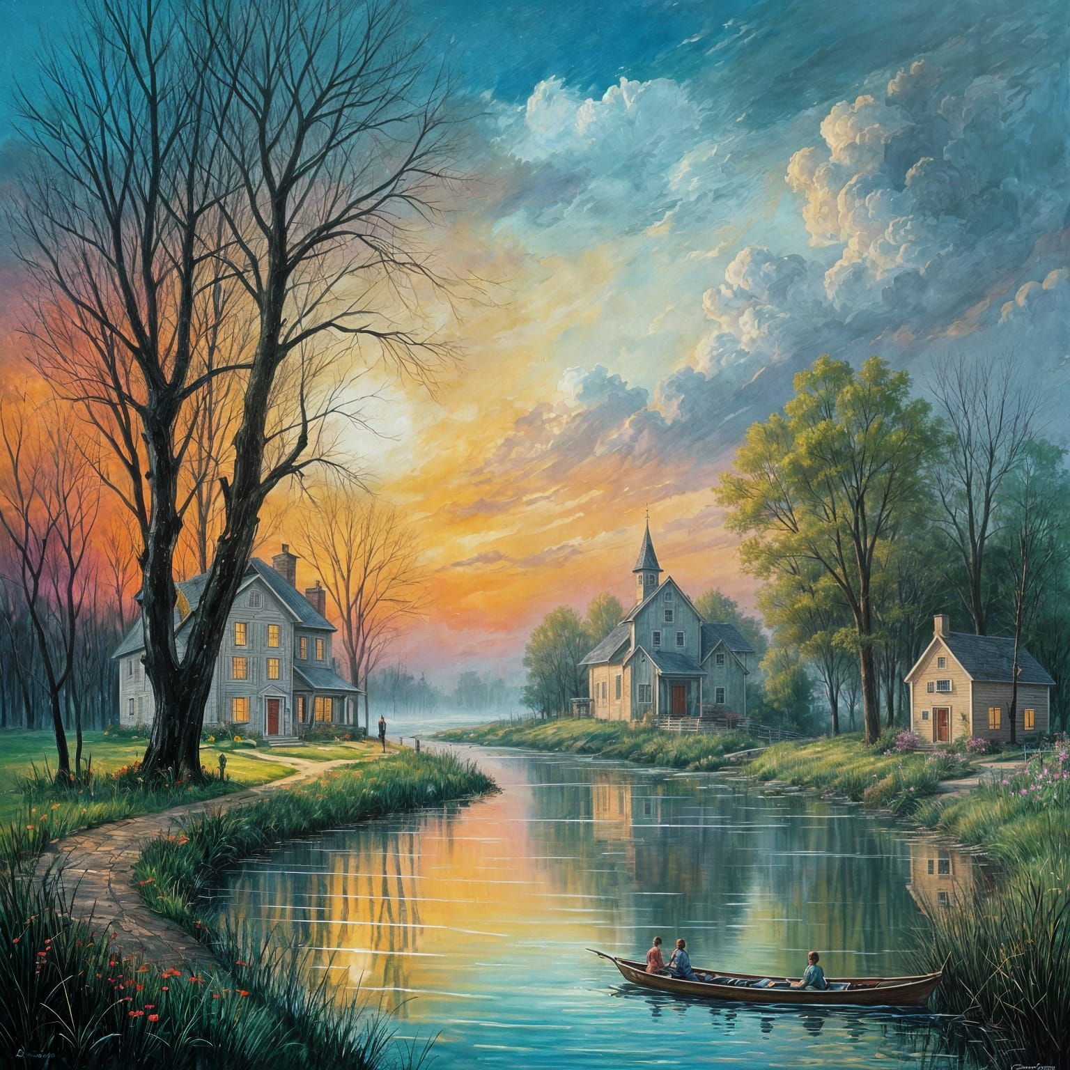 Nostalgic Village at Sunrise in Dreamy Allegory Style