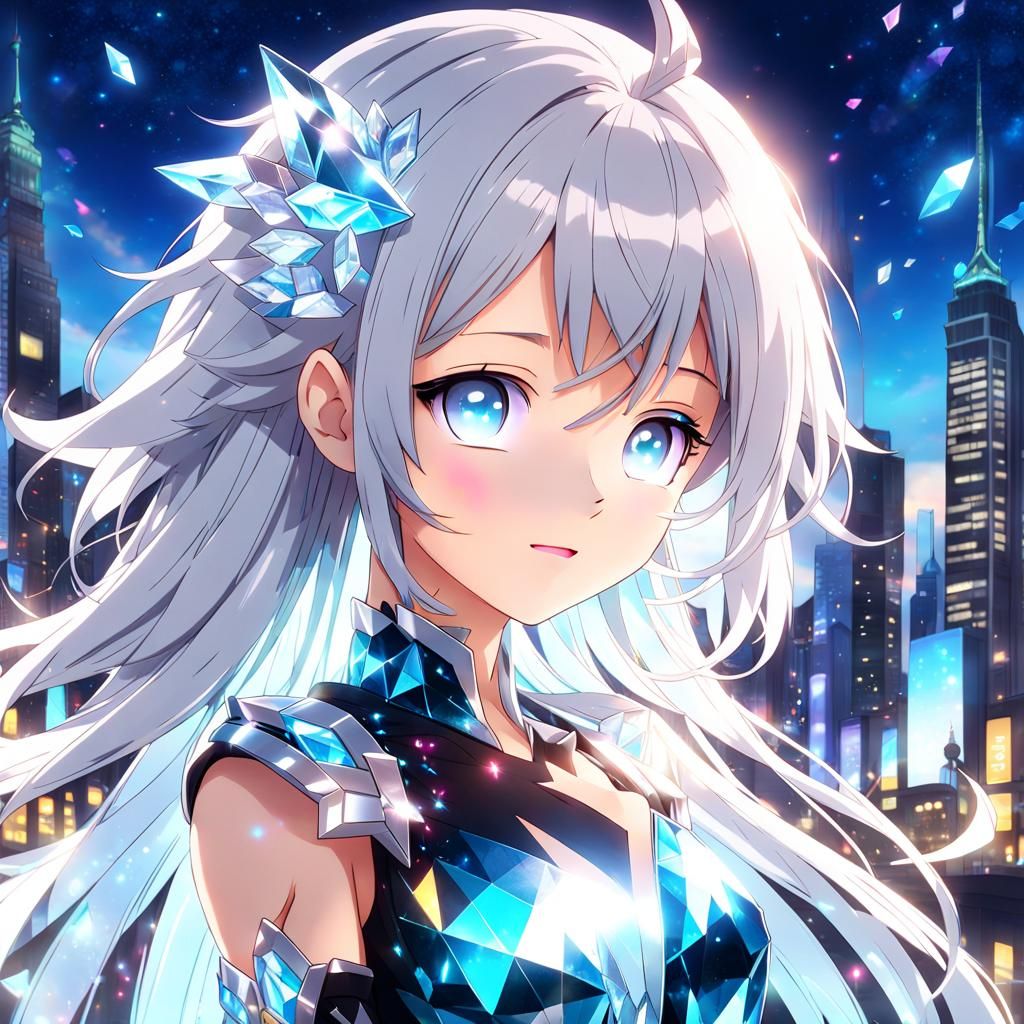 Anime Style Crystalline Woman with Blue Eyes