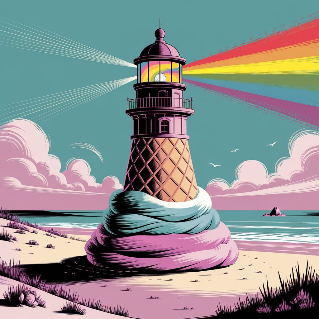 Whimsical Ice Cream Cone Lighthouse on Cotton Candy Beach
