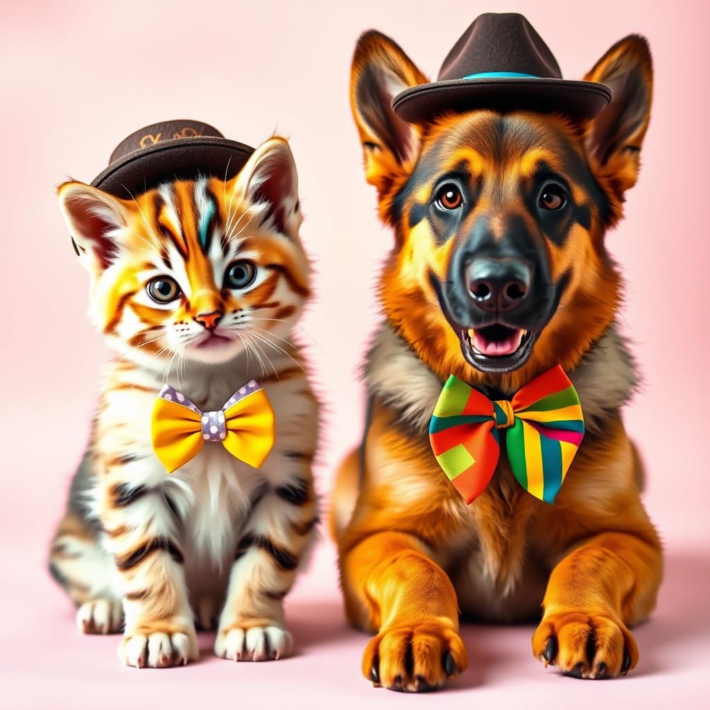 Whimsical Kitten and German Shepherd Portrait in Rainbow Str...
