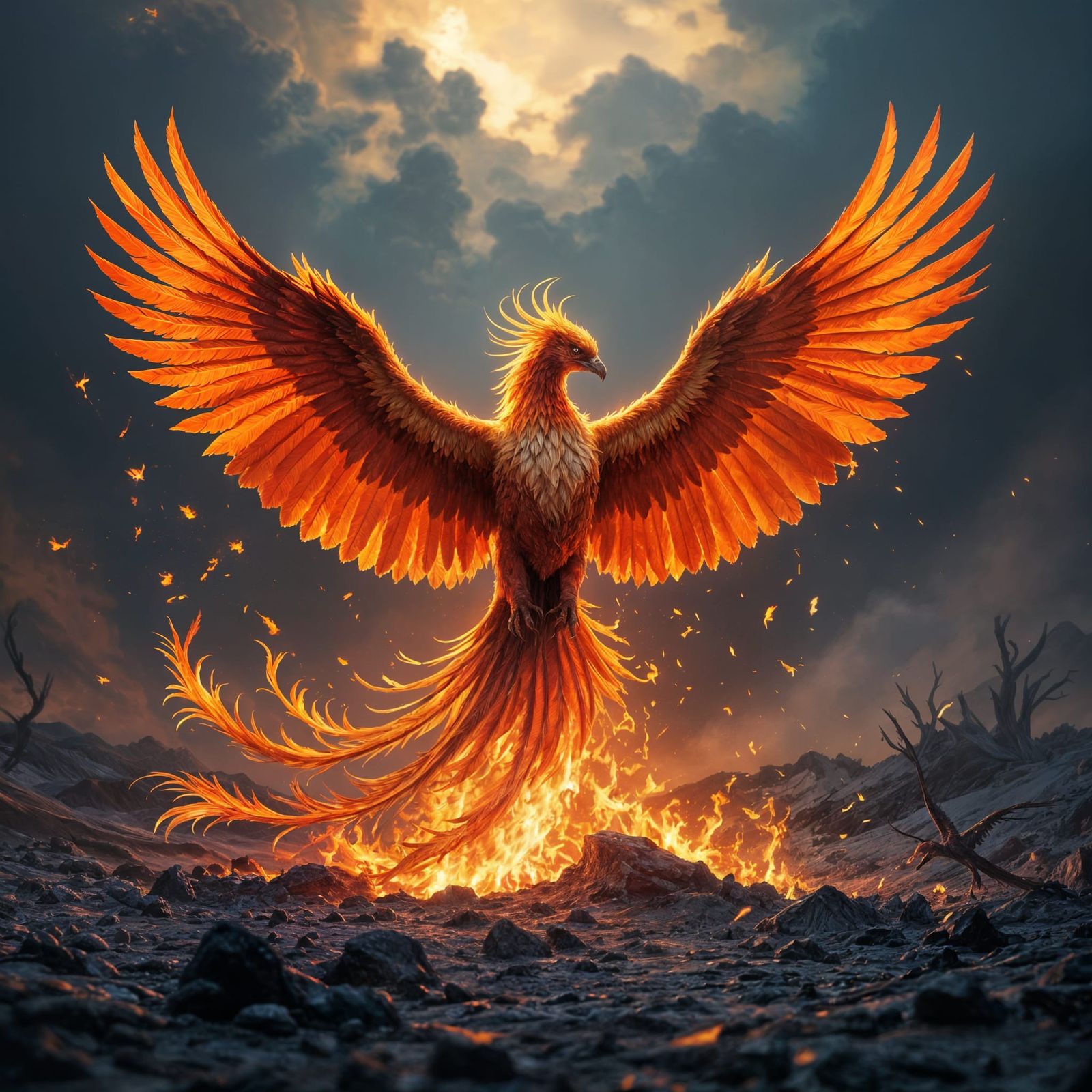 Majestic Phoenix Rising from Ashes in Impasto Style