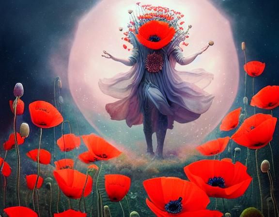Ethereal Poppy Queen in Galactic Landscape