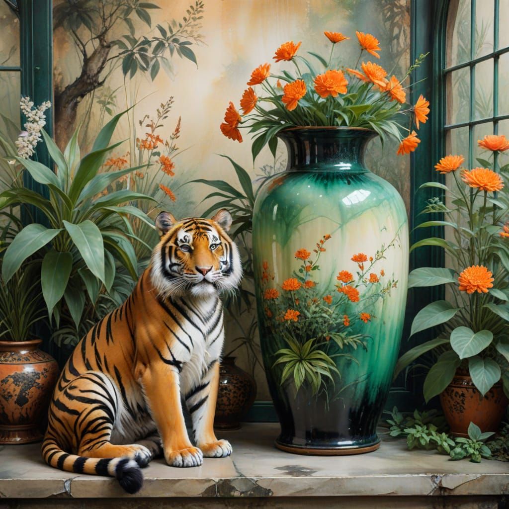 Tiger and Grand Vase in Greenhouse, Chinese Ink Painting