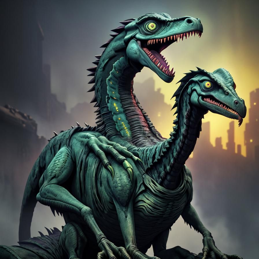 Decaying Velociraptor Attack in Giger-Inspired Art Nouveau