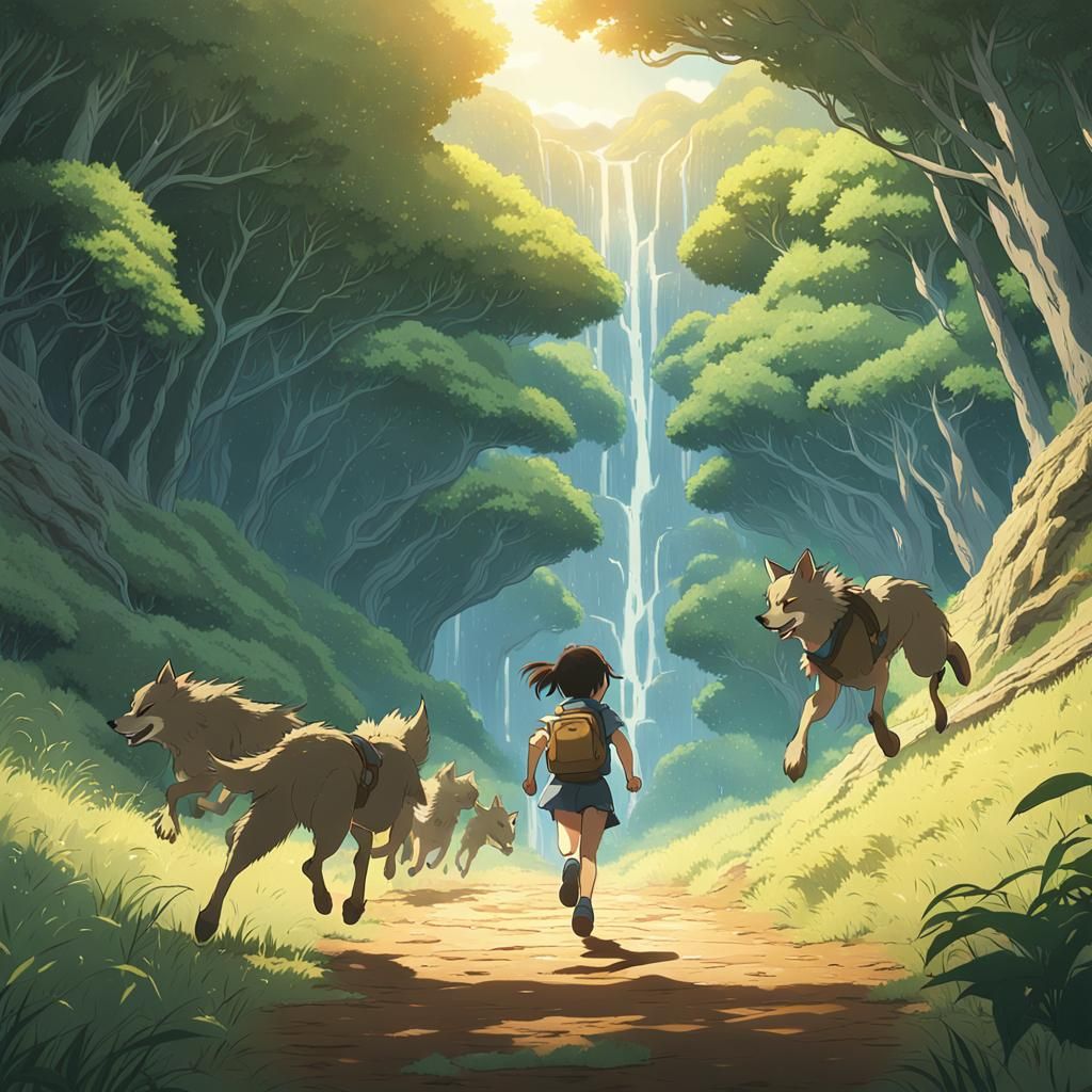 Anime Girl Chased by Wolves in Valley Caverns