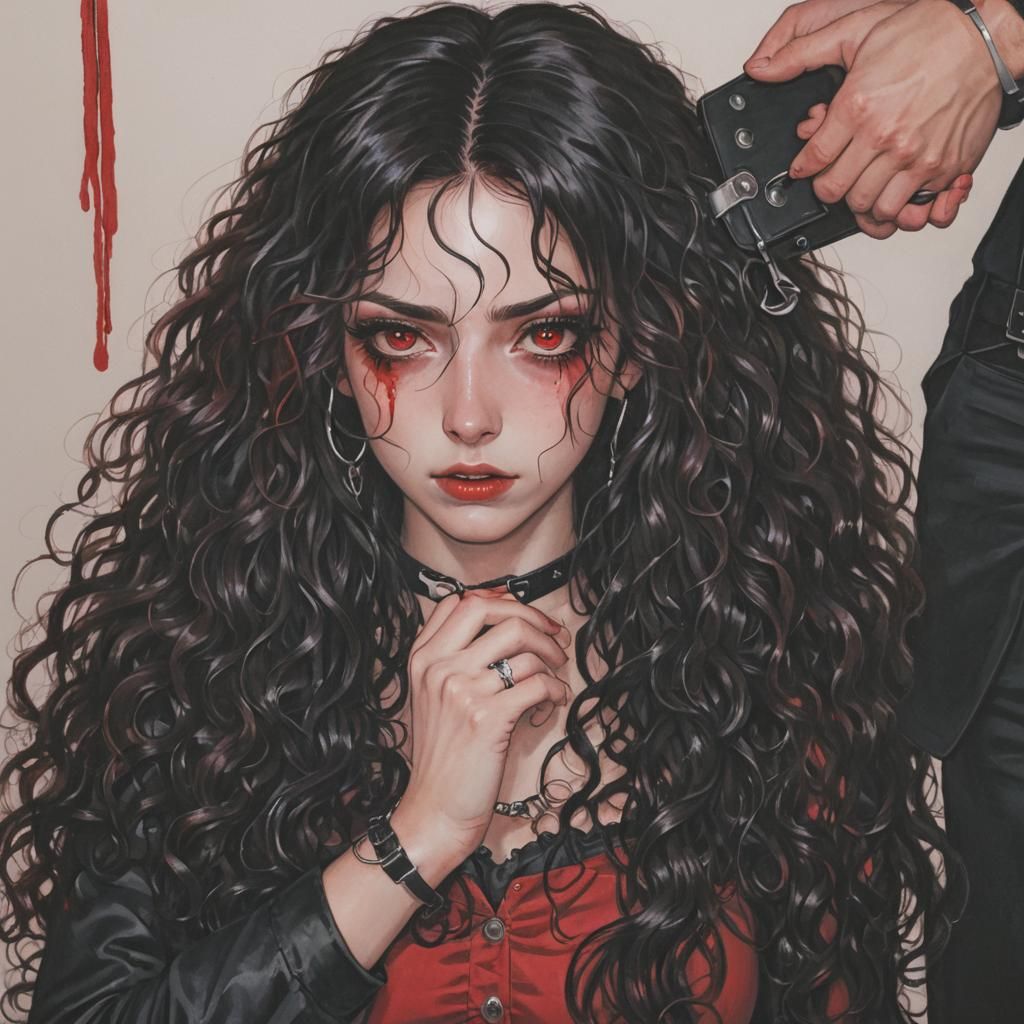 Crying Girl with Red Eyes and Handcuffs