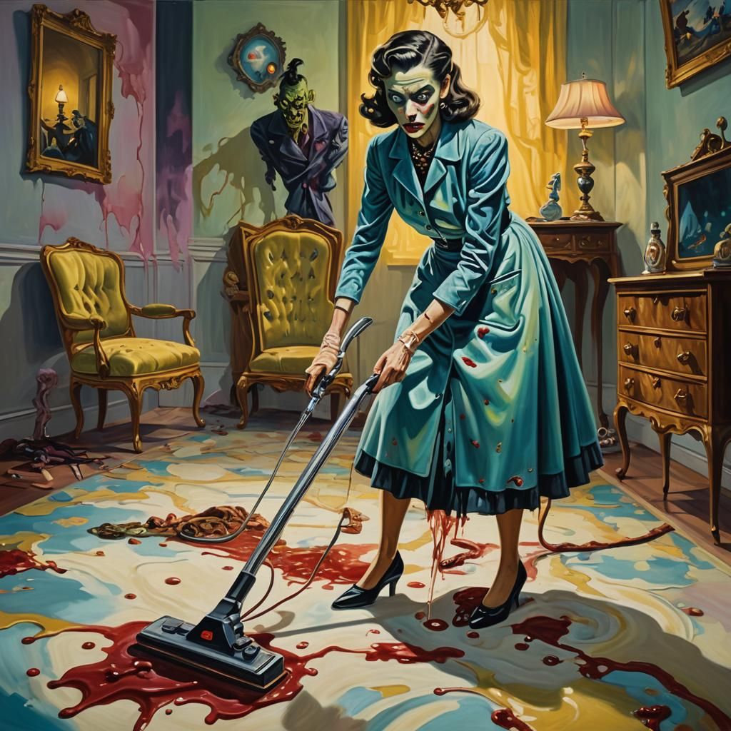 Surreal Zombie Vacuuming in a Dali-esque Oil Painting