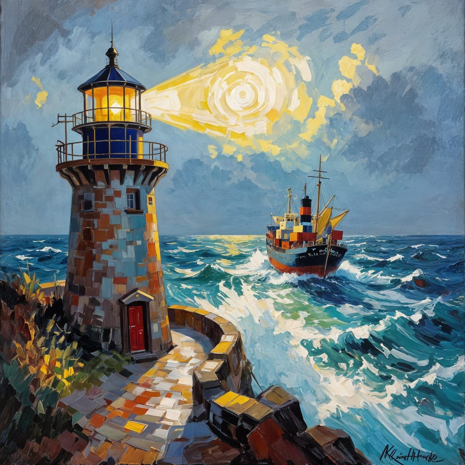 Lighthouse Beam Guides Cargo Ship: Impressionistic Oil Paint...