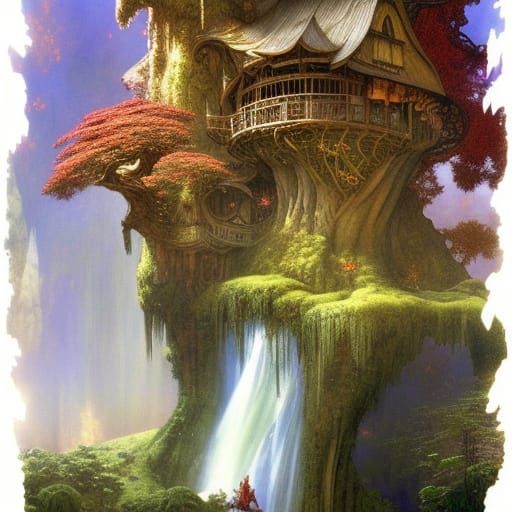 Fairy Treehouse on Waterfall, Digital Autumn Painting