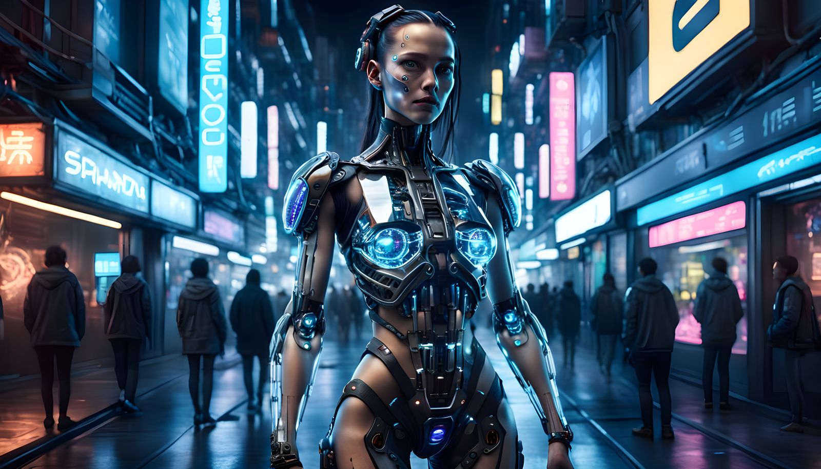 Cyberpunk Woman with Bio-Mechanical Parts in Graffiti Art St...