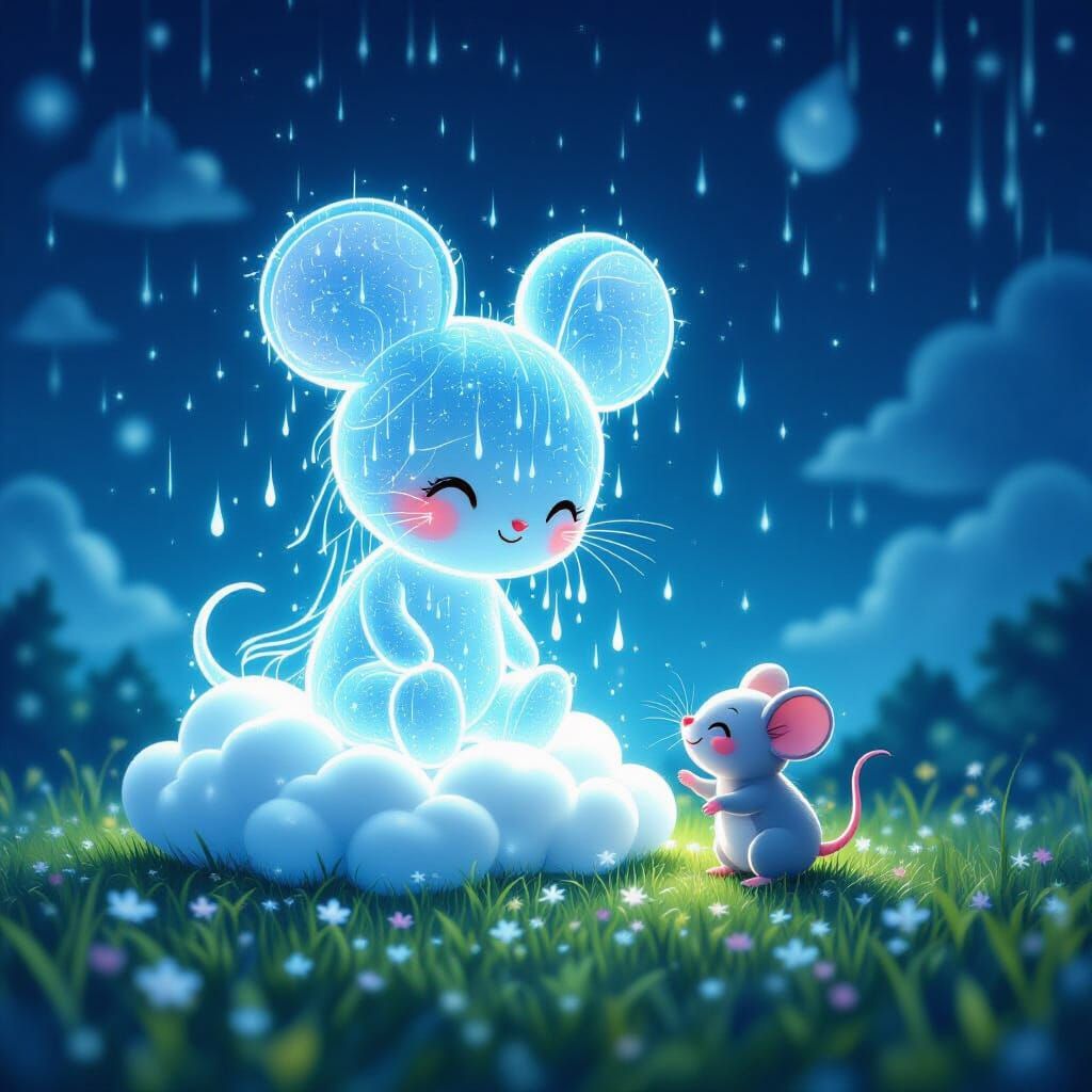 Cartoon Mouse Dewdrop Hologram in Fantasy Meadow