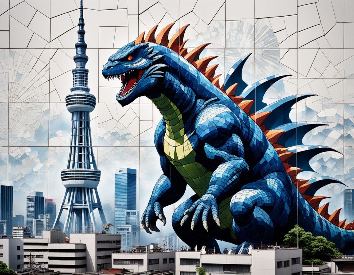 Mosaic Godzilla Destroys Tokyo Skytree in Vibrant Ceramic St...