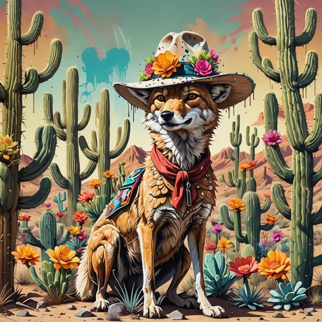 Coyote in Desert Landscape as Graffiti Art