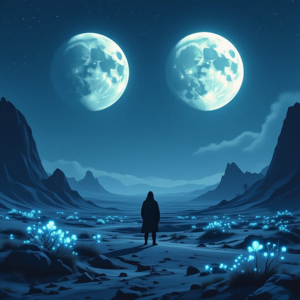 Alien Landscape with Two Moons and Glowing Flora
