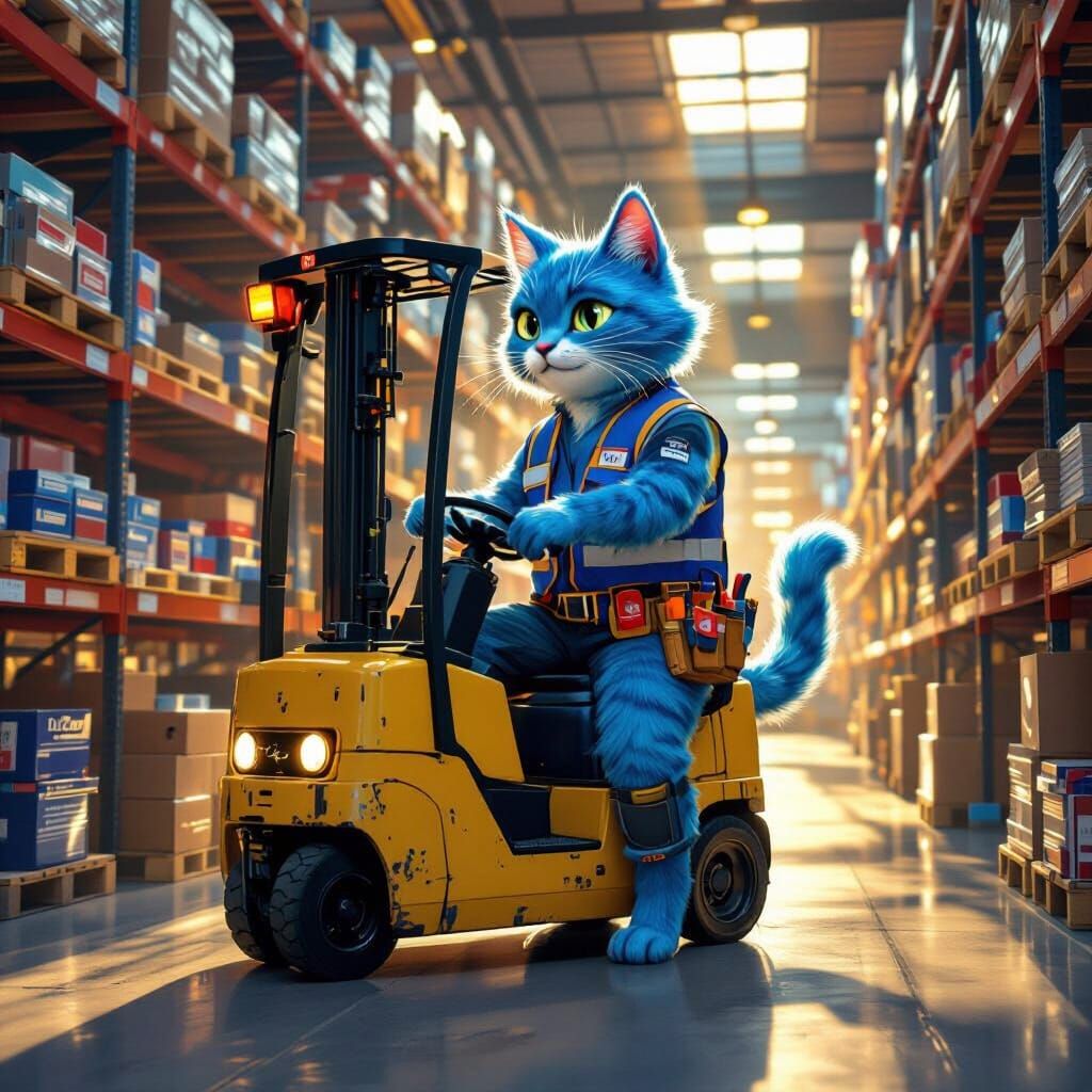 Blue Cat Man Drives Forklift in Warehouse