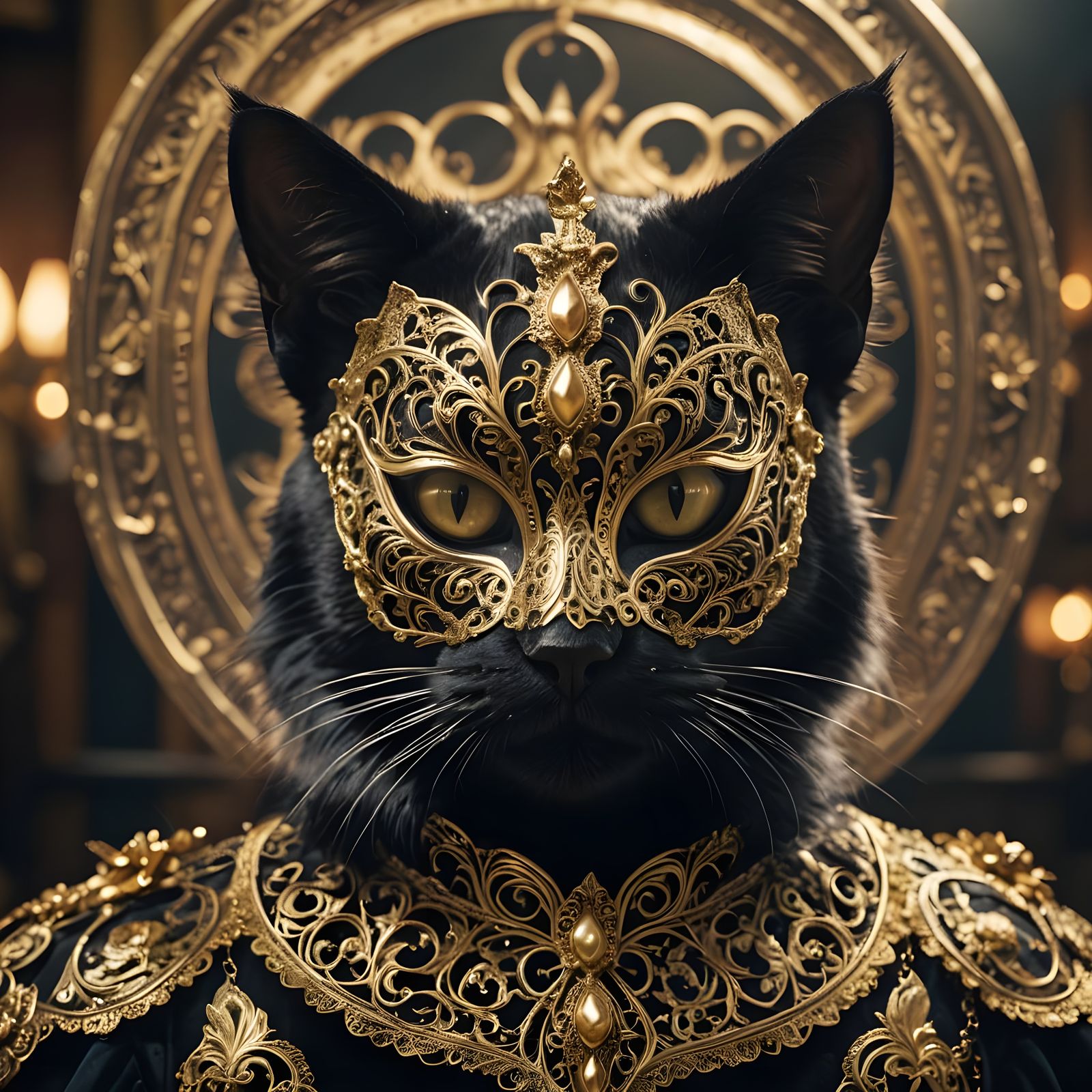 Black Cat at Masquerade Ball in Ornate Mask
