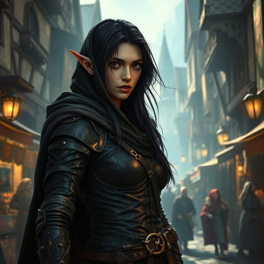 Elven Rogue in Black Leather Amidst Fantasy Village