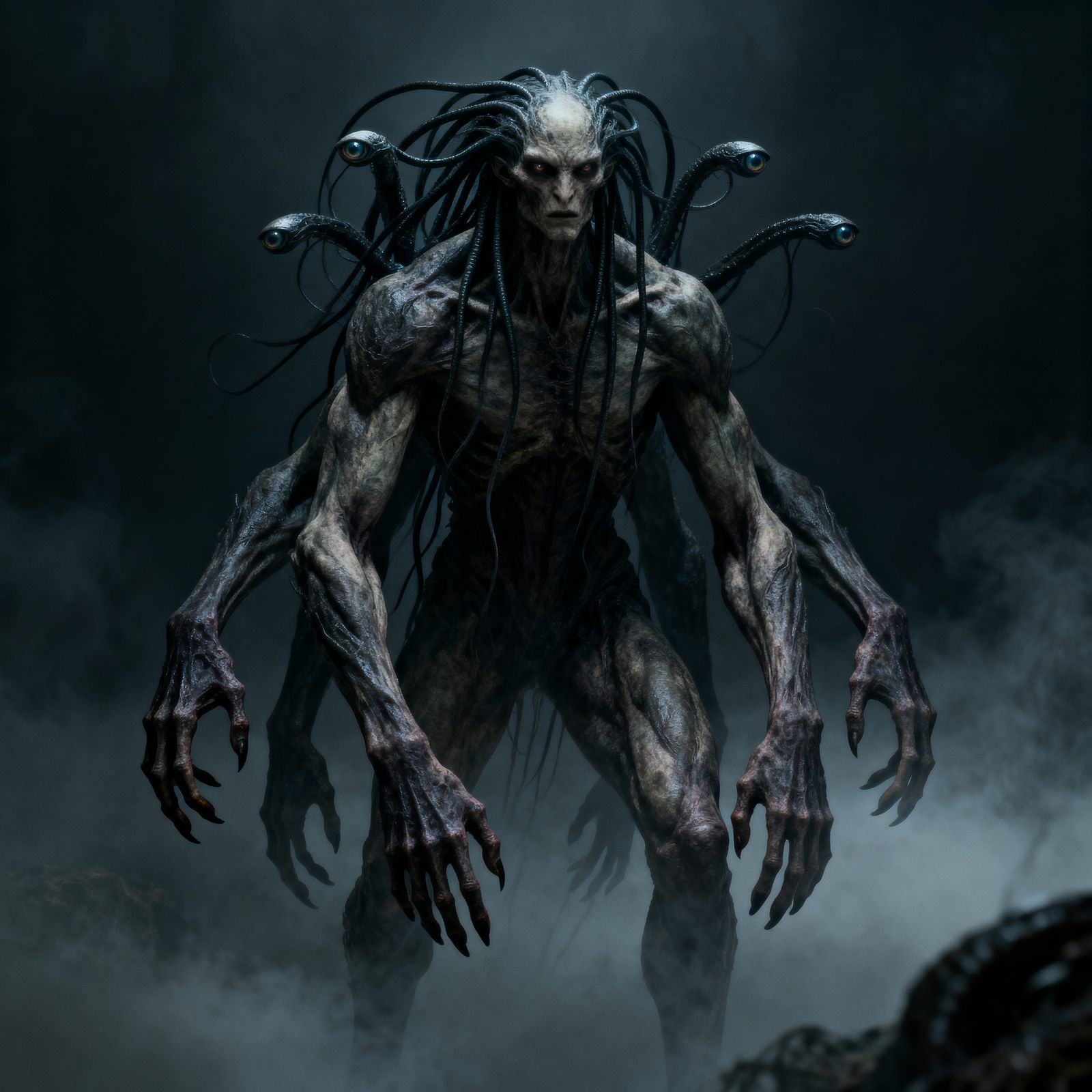 Grotesque Humanoid with Tentacle Hair and Multiple Limbs