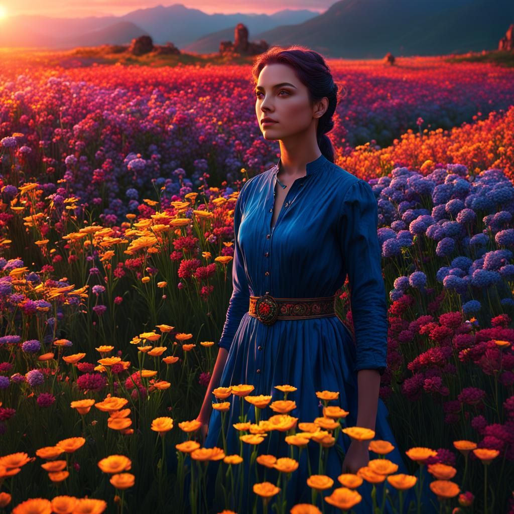 Woman in Flower Field at Sunset: Fantasy Concept Art