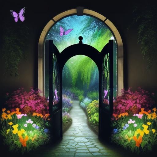 Vibrant Garden View Through Dark Archway in Alcohol Inks