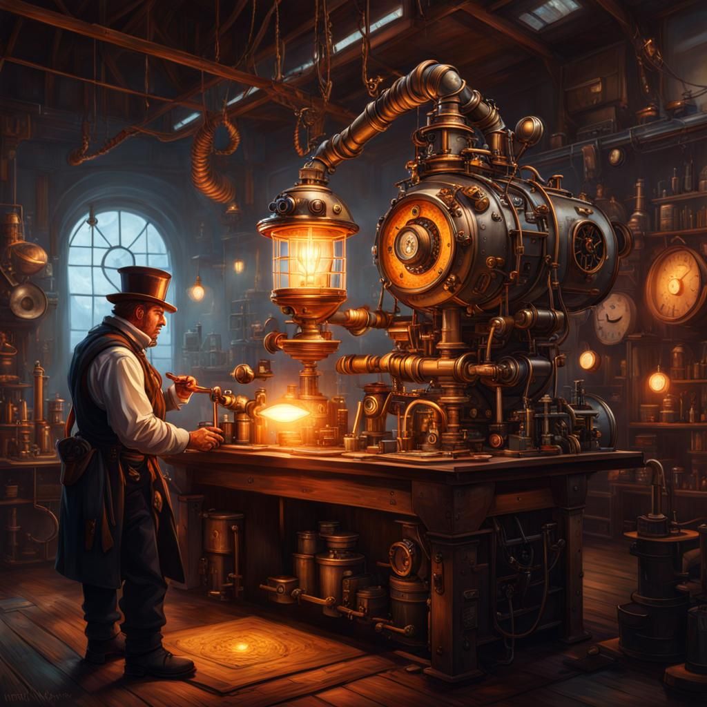Steampunk Artificer Building Robot in Workshop