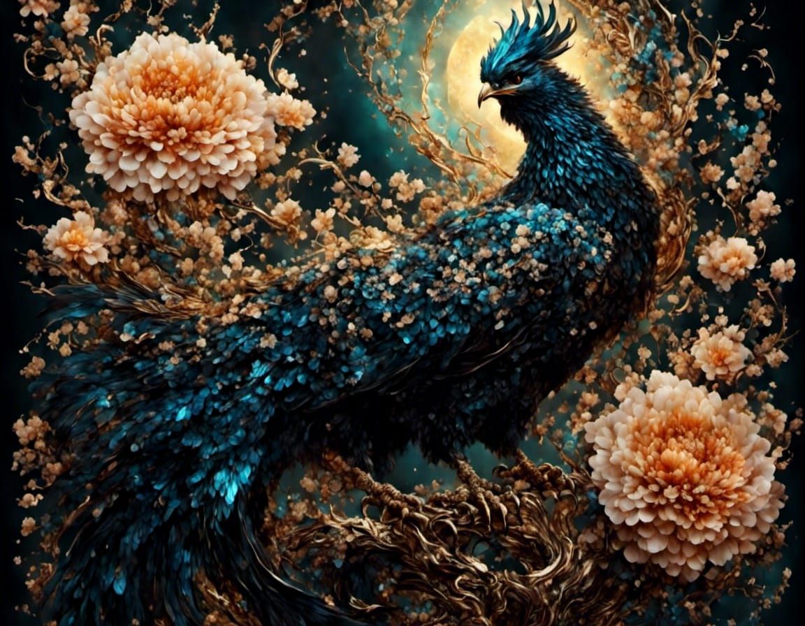 Phoenix and Flowers in Lacquer Inlay Style