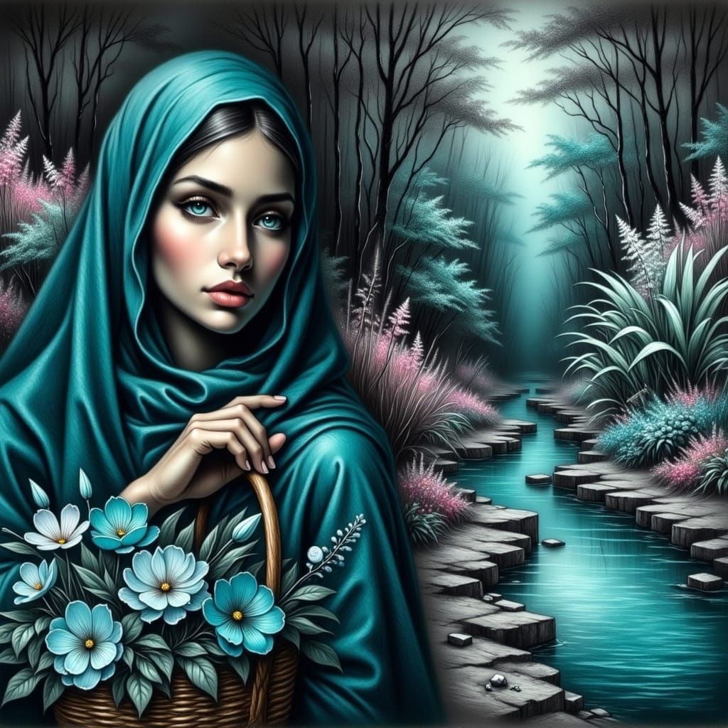 Woman in Teal Hijab with Charcoal Forest Background