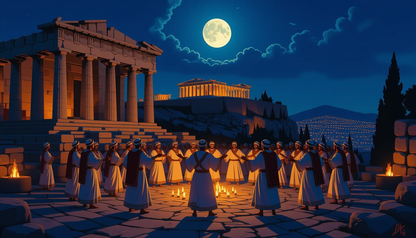 Greek Dance at the Acropolis by Moonlight