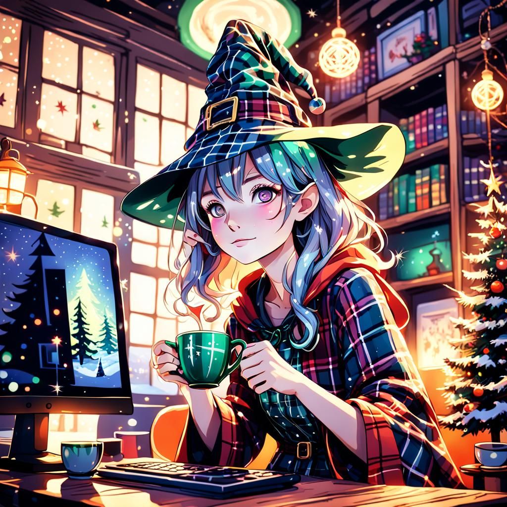 Cute Anime Witch in Winter Wonderland