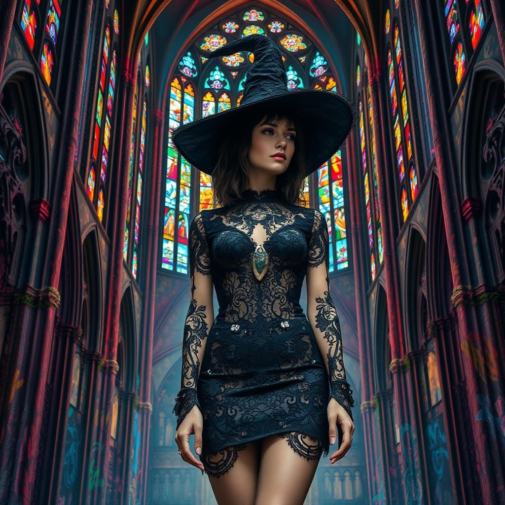 Gothic Cathedral: Woman in Lace Dress with Graffiti Art