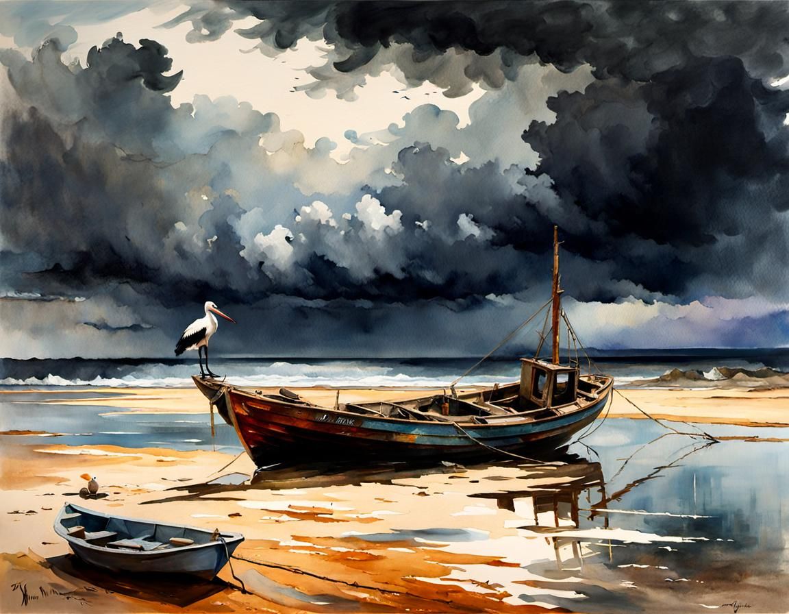Desert Beach Fishing Boat Watercolor Art