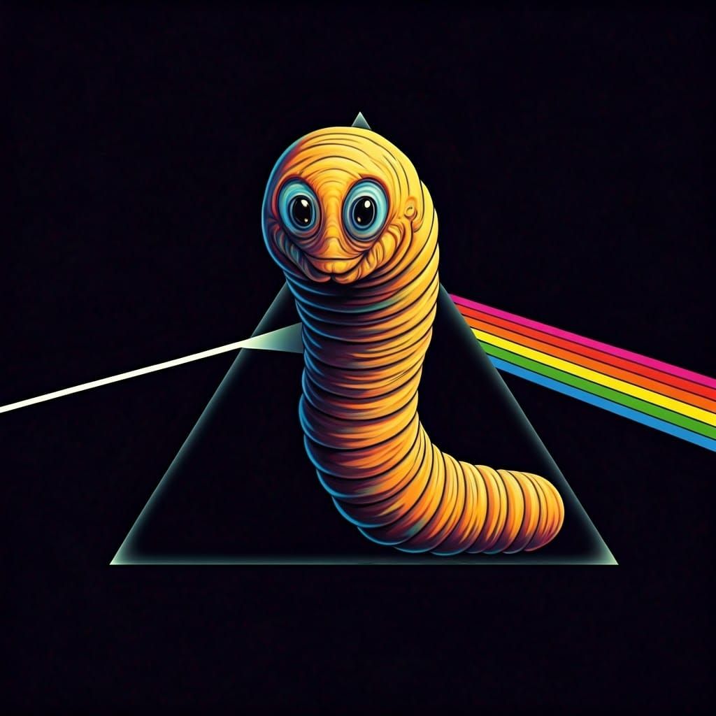 Iridescent Worm Inside Dark Side Prism, in Pop Art Style