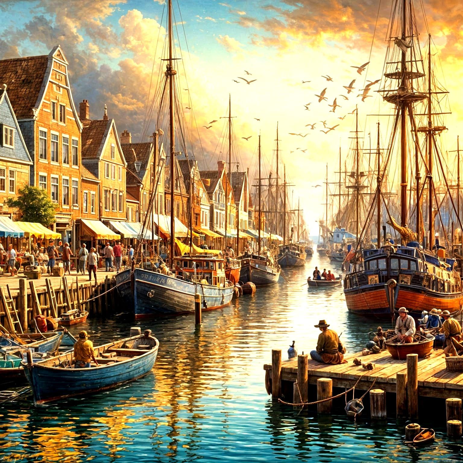 Oil painting. Harbor, port, Coastal Village