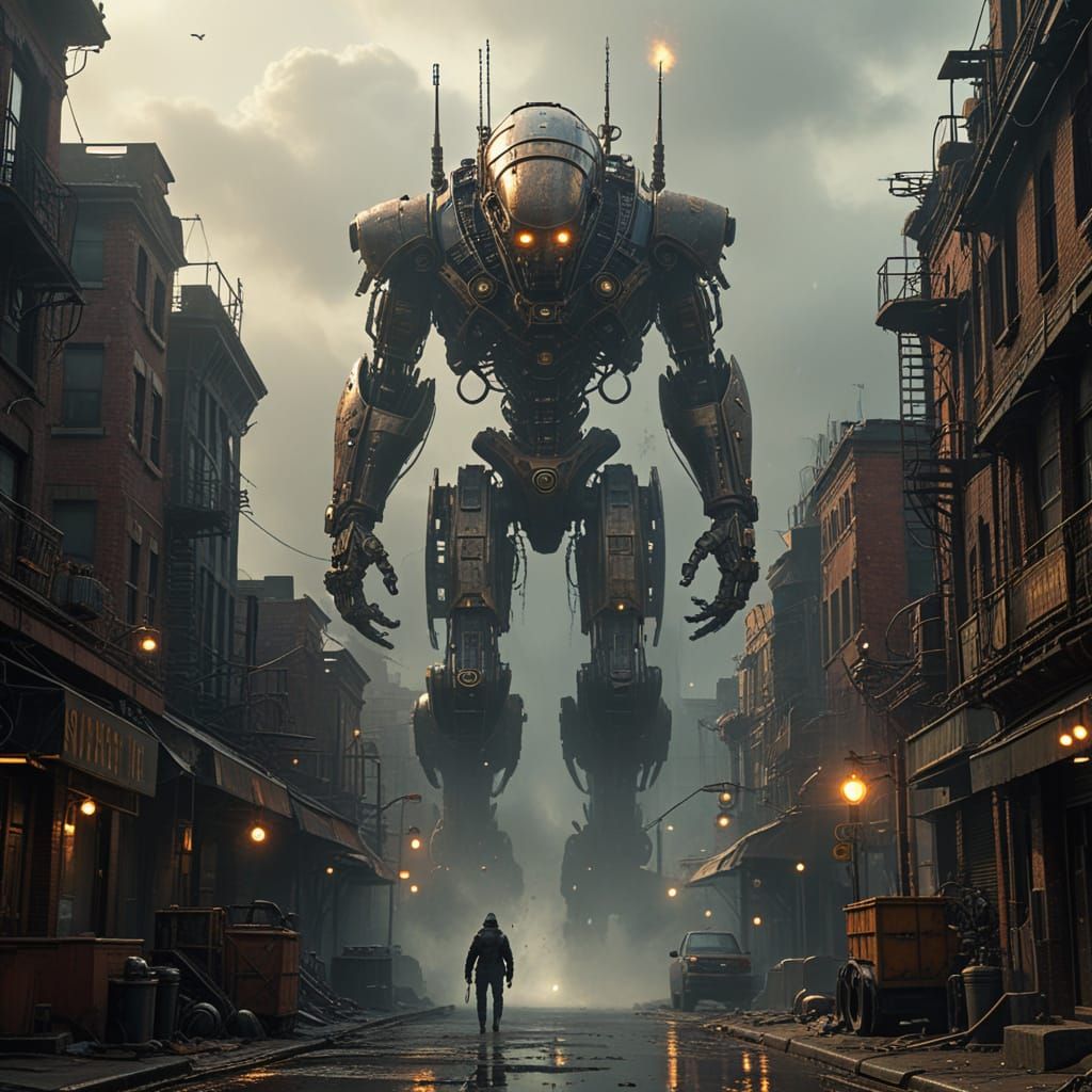 Gritty Steampunk Cityscape with Brass Robot