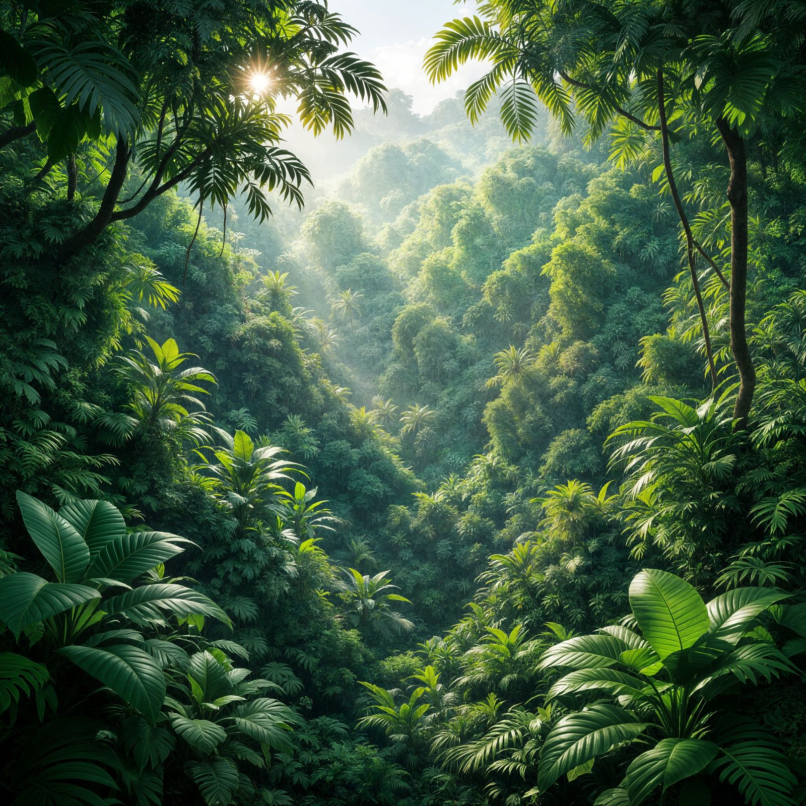 Arial View Of Lush Jungle Canopy With Dappled Sunlight