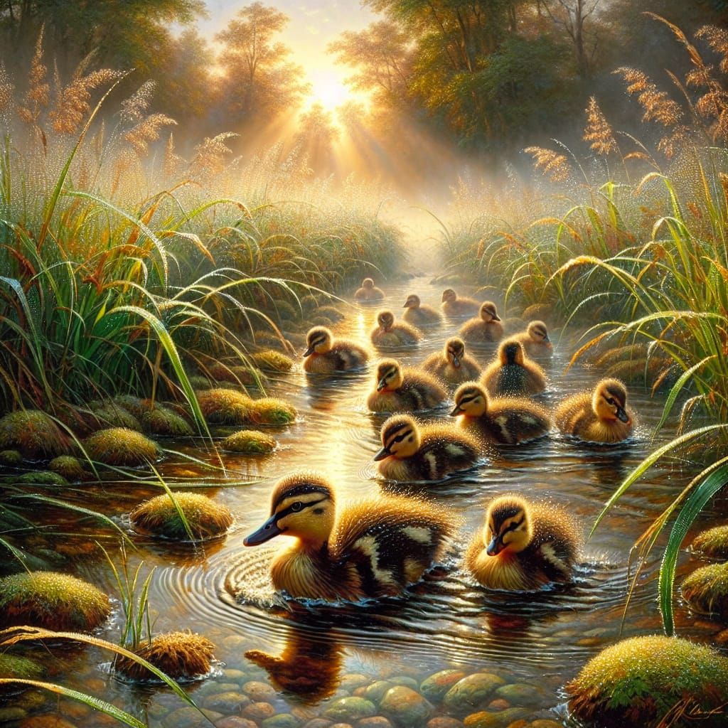 Ducklings waddling through dew-covered grass at the first li...