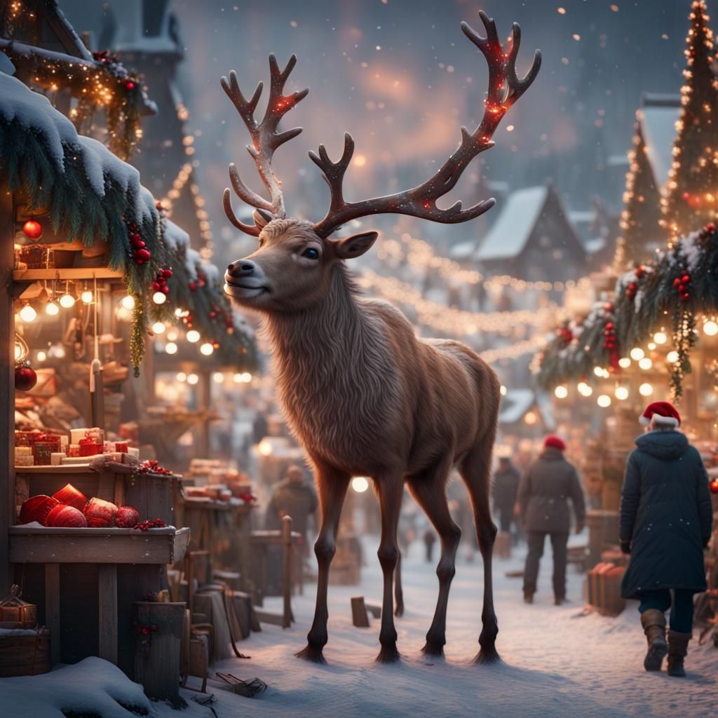 Reindeer in Christmas Market: Detailed Matte Painting