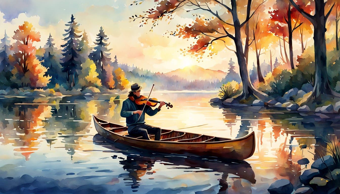 Watercolor Musician's Serenade on Autumn Lake
