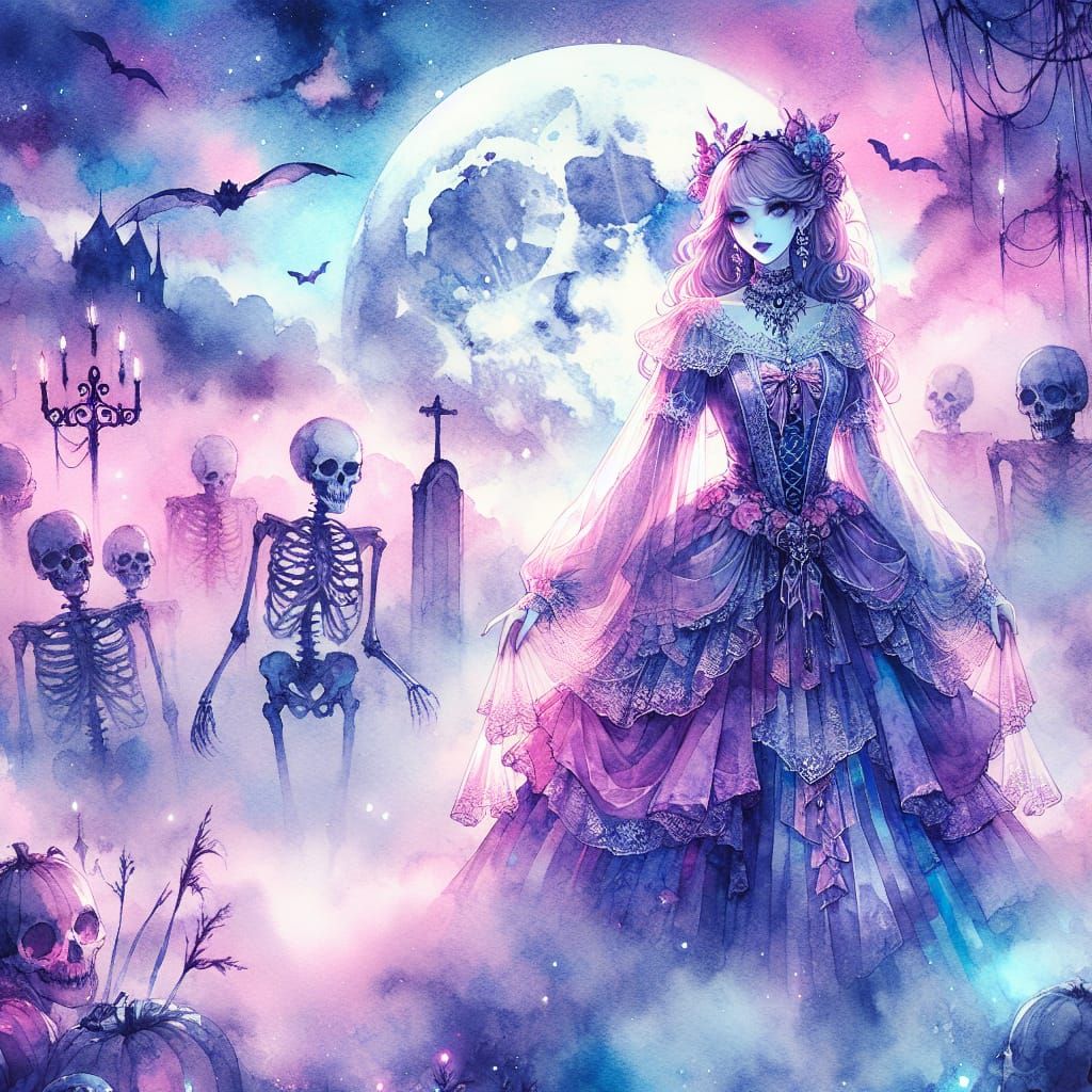 Enchanted Gothic Woman Basks in Pastel Hues and Mystical Fog
