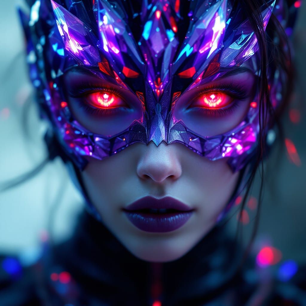 Ominous Cosmic Mask Design with Fiery and Icy Eyes