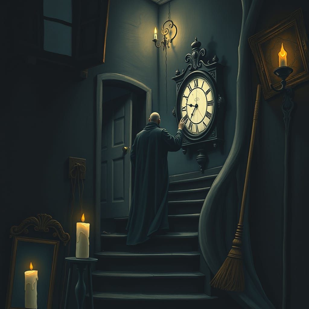 Eerie Figure on Crooked Stairs in Dystopian Art Style