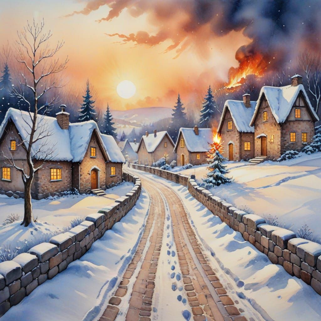 Winter Village Inferno Watercolour Painting