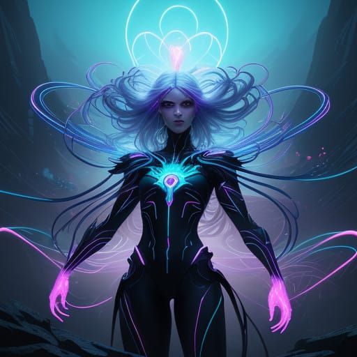 The Neon Whisperer: Ethereal Entity in Radiant Hues