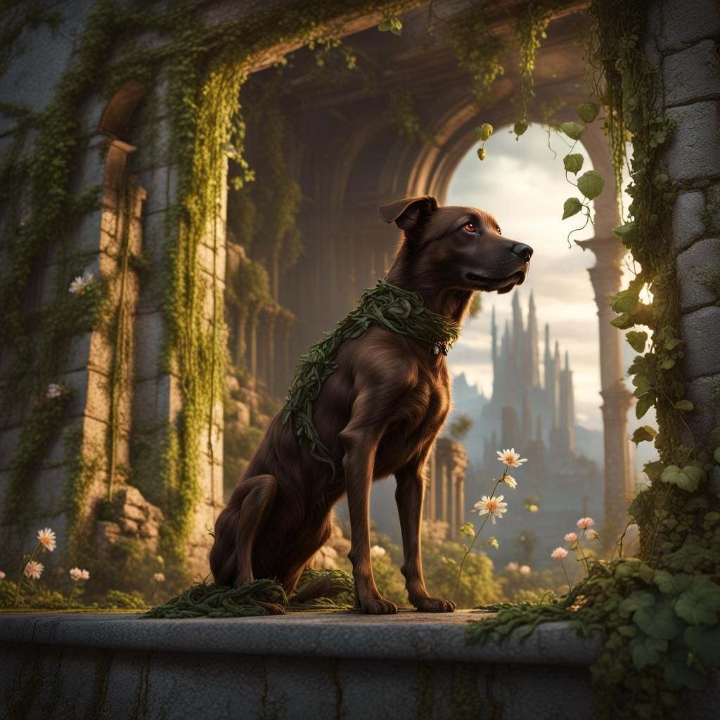 Dog with Green Eyes in Abandoned Ruins