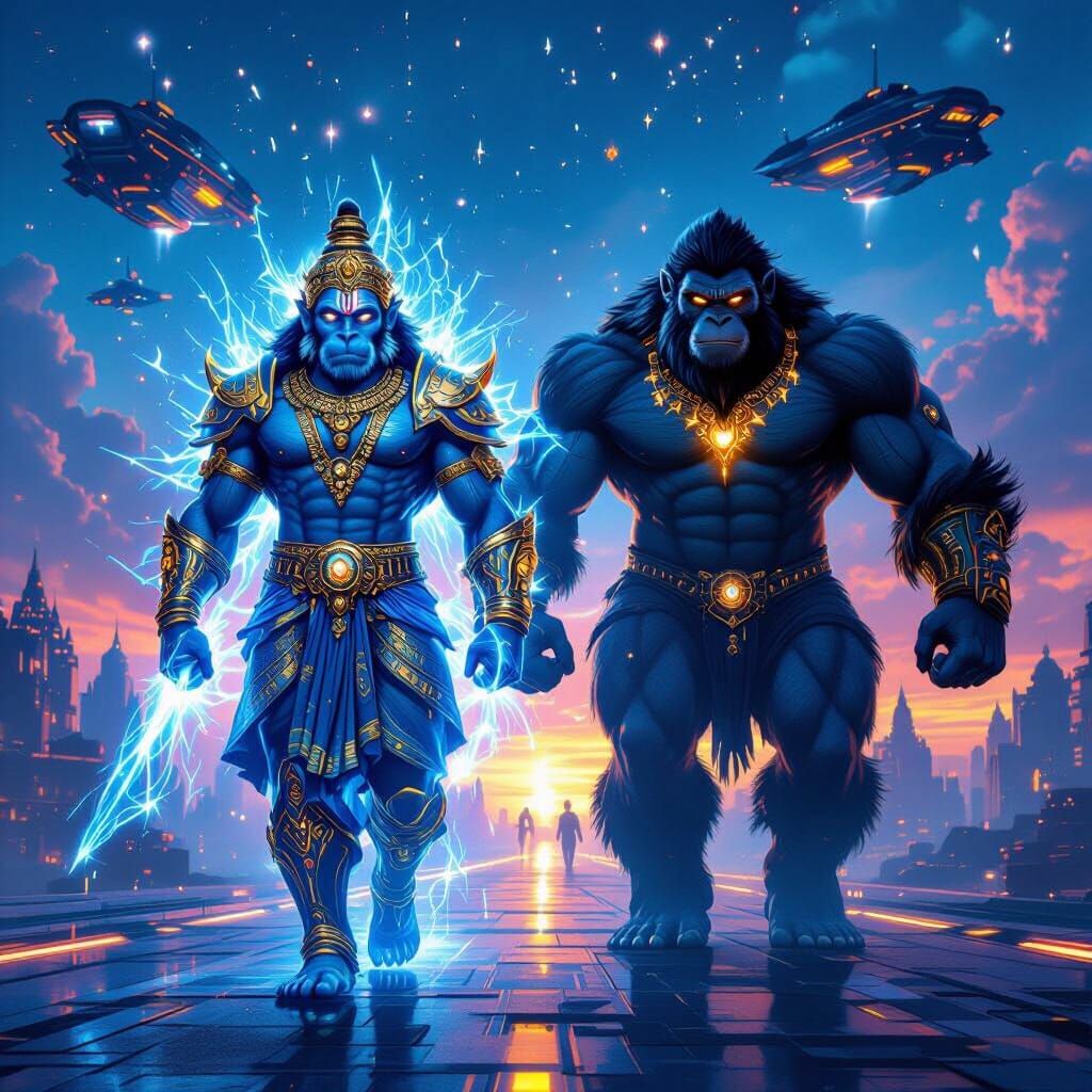 Hanuman Ji in Celestial Armor with Cosmic Monkey Companion